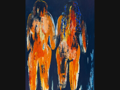 Peinture d'Esmaël Bahrani représentant deux corps de dos dans les teintes oranges